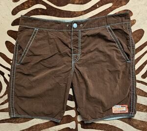Vintage Y2K True Religion Mens Board Shorts USA Made Size 38 Brown Blue Stiching